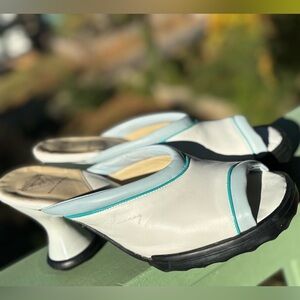 John Fluevogs MINI- DEDE white w/ lt. blue trim leather mule heels- hardly worn!